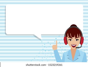 Call Center, Kundensupport, Help Desk oder Service-Konzept. Schöne Dame mit Kopfhörer. Zeichentrickzeichen oder flacher Symboldesign, Vektorgrafik