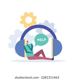 Call center customer support help line concept with headset and human character vector illustration