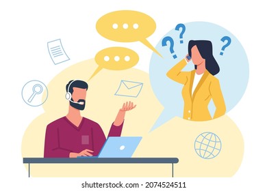 Call center. Customer support. Hotline service. Operator communicates with client on phone. Telemarketing worker. Technical help. Feedback and consultation. Vector assistance concept