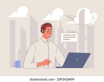 Call center, customer support hotline, telemarketing agents. Character of man in office at computer in headphones with microphone on background of big city. Vector flat cartoon illustration.