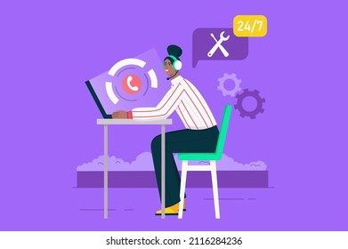 Call center and customer support modern flat concept. Woman operator in headphones works at laptop, answers calls around clock in helpline. Vector illustration with people scene for web banner design