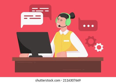 Centro de llamadas y soporte al cliente concepto plano moderno. Consultora en audífonos trabajando en computadoras y respondiendo mensajes de los clientes. Ilustración vectorial con escena de personas para diseño de banners web