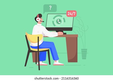 Centro de llamadas y soporte al cliente concepto plano moderno. Consultor en audífonos trabaja en computadora y ayuda al cliente a resolver problemas técnicos. Ilustración vectorial con escena de personas para diseño de banners web