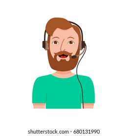 Call center customer support phone operator assistants flat avatars. Men emoji portrait set. Online live chat agents with headphones cartoon illustration