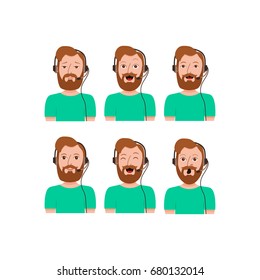 Call center customer support phone operator assistants flat avatars. Men emoji portrait set. Online live chat agents with headphones cartoon illustration