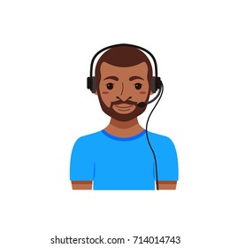 Call center customer support phone operator assistants flat avatars. Men emoji portrait set. Online live chat agents with headphones cartoon illustration