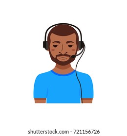 Call center customer support phone operator assistants flat avatars. Men emoji portrait set. Online live chat agents with headphones cartoon illustration