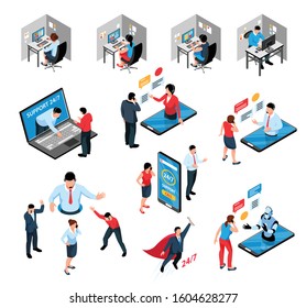 Call center customer support service isometric set with operator robot chatting with clients from smartphone screen vector illustration