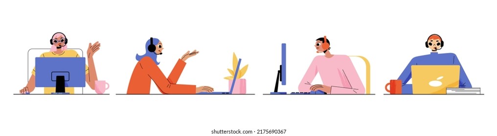 Centro de llamadas, servicio de atención al cliente, ayuda en línea. Un especialista técnico resuelve los problemas de los clientes a través de Internet. Personal del operador en el trabajo de auriculares con micrófono en el servicio de asistencia de línea Ilustración vectorial de línea