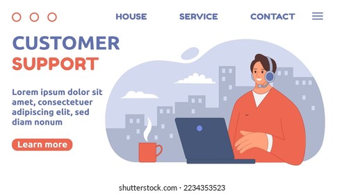 Centro de llamadas. Aterrizaje del servicio de asistencia al cliente. Comentarios en línea. Plantilla de interfaz de sitio web. La mujer ayuda al cliente. El operador funciona en el portátil. Página web del equipo. Ilustración de reloj plano vectorial