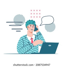 Call Center oder Support-Mitarbeiter der Kunden. Geschäftsmann spricht Telefon hinter Laptop, flache Vektorgrafik einzeln auf weißem Hintergrund. Kunden unterstützen oder Telemarketing Agent.
