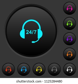 Call center dark push buttons with vivid color icons on dark grey background