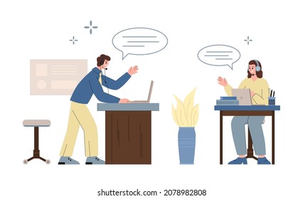 Call center department operators talking with clients online, flat cartoon vector illustration isolated on white background. Telemarketing and online commerce office.