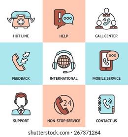 Call center design concept set with hot line help feedback icons isolated vector illustration