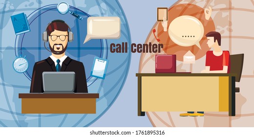 Call center dialog concept. Cartoon illustration of call center dialog vector concept for web