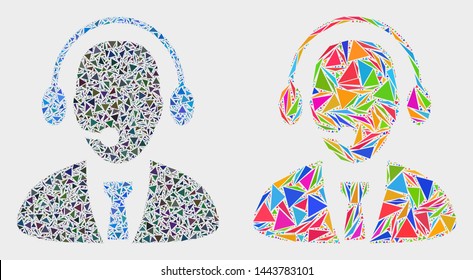 Call center director collage icon of triangle elements which have various sizes and shapes and colors. Geometric abstract vector design concept of call center director.