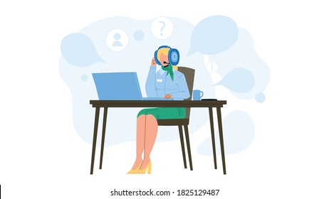Call Center Dispatcher Working At Table Vector. Young Woman Dispatcher With Headphones Device Work At Office Computer. Character Operator Dispatch Terminal Worker Flat Cartoon Illustration