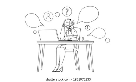 Call Center Dispatcher arbeitet an Table Black Line Bleistift Zeichnen Vektorgrafik. Junge Frauen-Dispatcher mit Kopfhörer-Gerät arbeiten am Bürocomputer. Zeichenoperator Dispatch Terminal-Mitarbeiter 