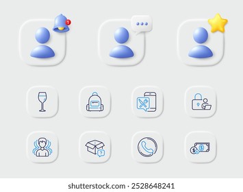 Call center, Dollar money and Food app line icons. Placeholder with 3d star, reminder bell, chat. Pack of Wine glass, Backpack, Secret package icon. Group, Lock pictogram. Vector