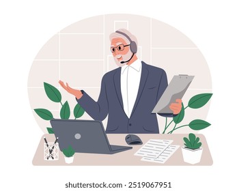 Call center. Idoso com fone de ouvido para apoio e comunicação no escritório. Um agente de telemarketing trabalha em negócios, aconselha os clientes