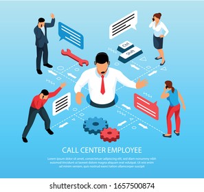 Call center employee providing customer service isometric infographic composition with cogwheel speech balloons symbols background vector illustration 