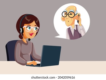 Call Center Employee Talking to a Senior Customer Vector Cartoon. Elderly man calling customer service asking for a phone consultation for his problems
