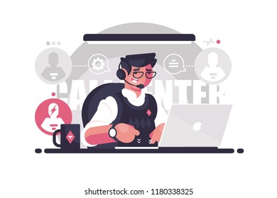 Call center employee in the workplace. Concept young man works and helps people. Vector illustration.