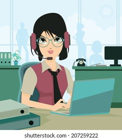 Call center employees are women working in the background.