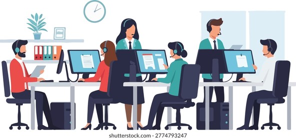 Call center employees working in office customer service team.