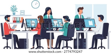 Call center employees working in office customer service team.