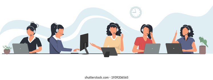 Call center employees working on computers. Call center, hotline vector illustrations. Office workers with headsets cartoon characters. Customer support department staff, telemarketing agents.