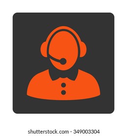 Call Center Female vector icon. Style is flat rounded square button, orange and gray colors, white background.