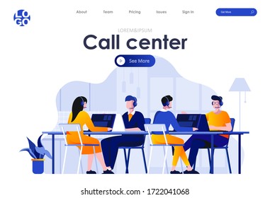 Call center flat landing page design. Hotline operators with headsets in office scene with header. Online customer support, telemarketing agency, consultation and assistance. Work process situation.