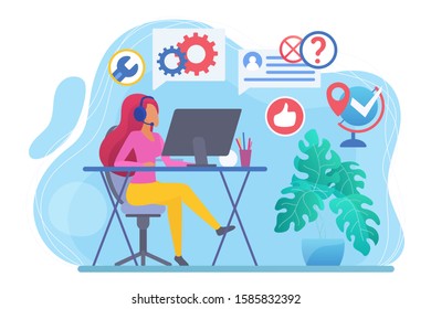 Call center flat vector illustration. Telephone consultant at workplace. Woman in headphones in office. Online technical support. Phone operator faceless character. Customer service concept