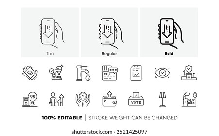 Call center, Floor lamp and Wallet line icons. Pack of Download app, Biometric eye, Safe time icon. Security agency, Microscope, Vote box pictogram. Card, Tap water, Report document. Vector