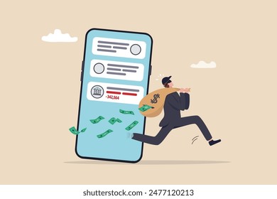 Call center fraud or scam stealing money from mobile banking application, fake phone call or financial crime, phishing or financial threat concept, scammer thief steal money from mobile banking app.