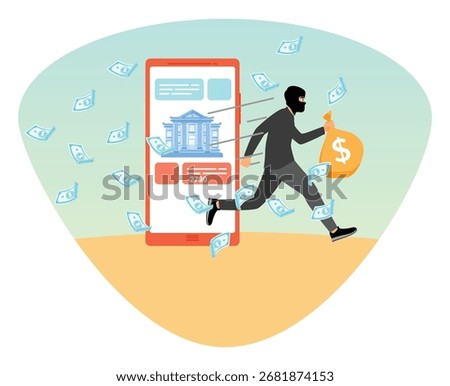 Call center fraud or scam stealing money from mobile banking application. A thief runs with a money bag as a large smart phone shows a bank interface, symbolizing steal money from mobile banking app.