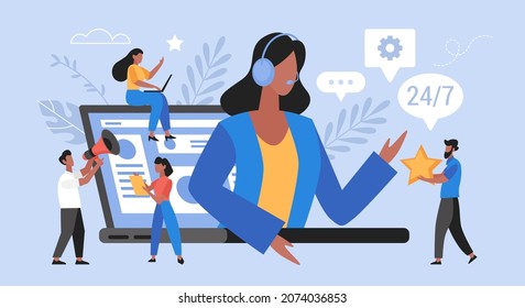 Call center and global technical support business concept.  Hotline operator with clients  vector illustration