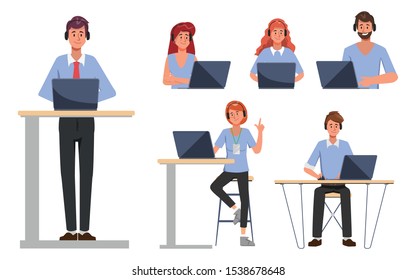 Call center group people and customer service support teamwork character.