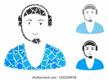 Call center guy composition of rough items in various sizes and color tones, based on call center guy icon. Vector joggly items are composed into composition.