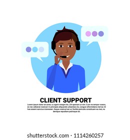 call center headset agent african woman client support online operator, customer and technical service icon, chat concept, copy space flat design