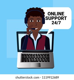 agente de audífonos de centro de llamadas soporte de cliente de áfrica man bubble operador en línea, icono de servicio técnico y de cliente, concepto de chat, ilustración de vector de diseño plano