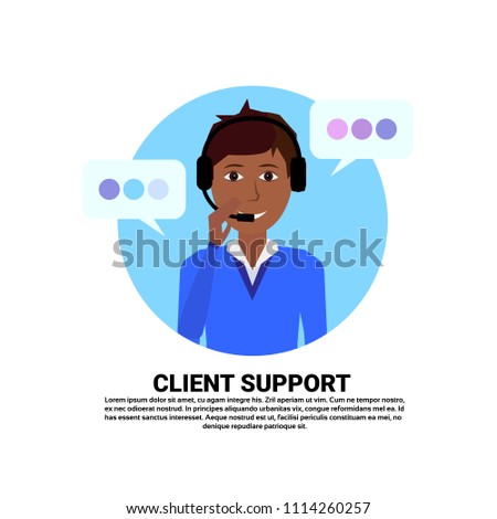 call center headset agent african woman client support online operator, customer and technical service icon, chat concept, copy space flat design