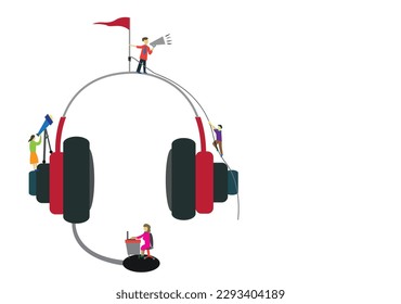 Call Center Headset with employees working. Editable Clip Art. 