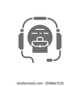 Centro de llamadas, icono gris de auriculares. Aislado sobre fondo blanco