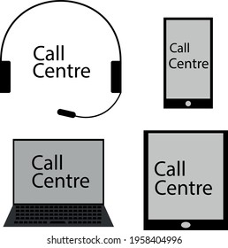 call center headset, smartphone, tablet, laptop in black and white colors