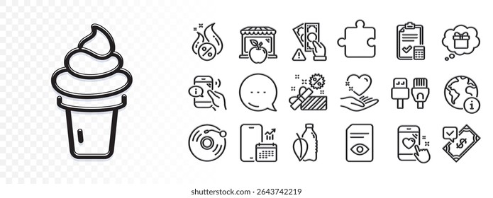 Call center, Heart rating and Ice cream line icons for web app. Glare of light effect. Message icon. Pack of View document, Accepted payment, Phone calendar pictogram icons. Vector