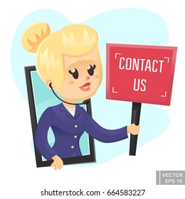 Call center help design Beautiful funny woman holding sign contact us vector cartoon illustration eps10