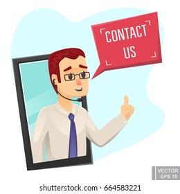 Call center help design Young funny man asking to contact us vector cartoon illustration eps10