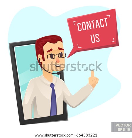 Call center help design Young funny man asking to contact us vector cartoon illustration eps10